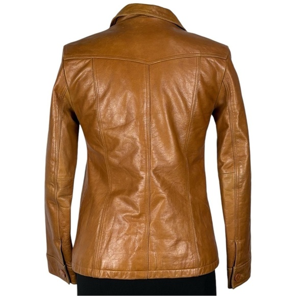 STEVE MADDEN Y2K RETRO 70'S CARAMEL LEATHER BUTTON DOWN CAR COAT JACKET - Picture 5 of 15